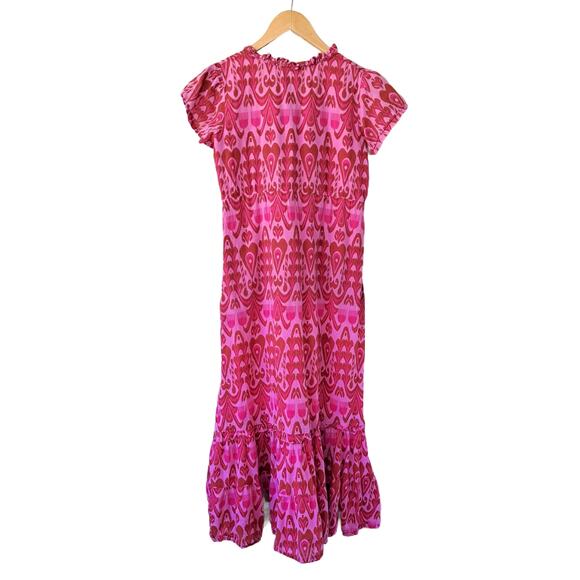 LA PLAGE Mallory Short Sleeve Tiered Maxi Dress XS Pink Red Woodblock Resort - Picture 7 of 9